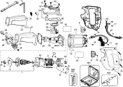 Default Diagram and Parts List for DW303K Type 1 DeWALT Reciprocating Saw