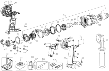 Default Diagram and Parts List for DCD930VX Type 1 DeWALT Electric Drill