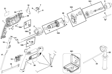 Default Diagram and Parts List for DWD024-BR Type 1 DeWALT Hammer Drill
