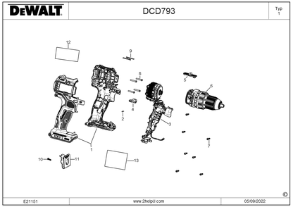 Exploded Diagram A Diagram and Parts List for DCD793B Type 1 DeWALT Cordless Drill