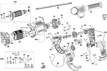 Section 2 Diagram and Parts List for D25263KR Type 1 DeWALT Hammer Drill