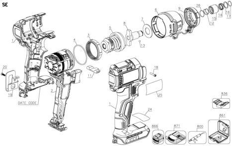 Default Diagram and Parts List for DCF886M2-BR Type 1 DeWALT Impact Driver