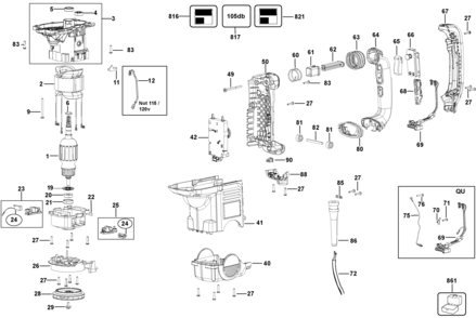 Default Diagram and Parts List for D25601K-AR Type 1 DeWALT Hammer
