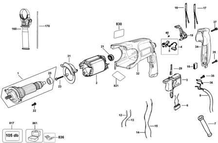 Default Diagram and Parts List for D25124K-B2 Type 10 DeWALT Hammer