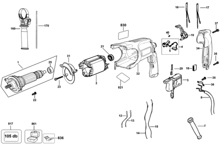 Default Diagram and Parts List for D25123K-BR Type 10 DeWALT Hammer