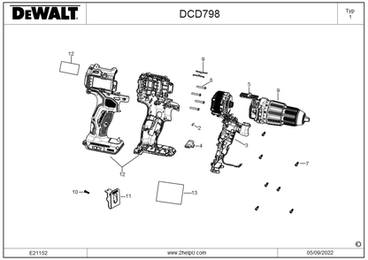 Exploded Diagram A Diagram and Parts List for DCD798B Type 1 DeWALT Hammer Drill