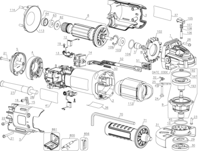 Default Diagram and Parts List for DWE4214-AR Type 1 DeWALT Angle Grinder