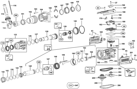 Default Diagram and Parts List for D25602K-B2 Type 1 DeWALT Hammer