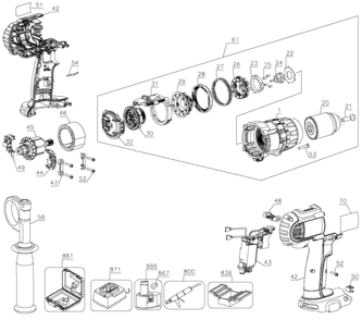 Default Diagram and Parts List for DCD910KX Type 1 DeWALT Boring Machine