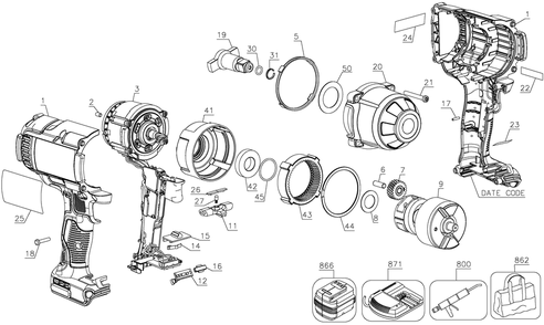 Exploded Diagram A Diagram and Parts List for DCF899HB Type 4 DeWALT Impact Driver