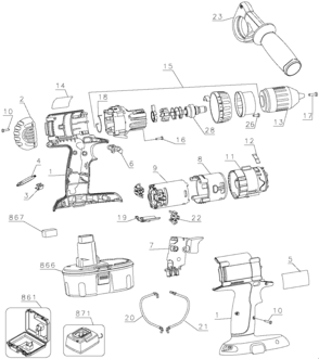 Default Diagram and Parts List for DC988KA Type 1 DeWALT Hammer Drill