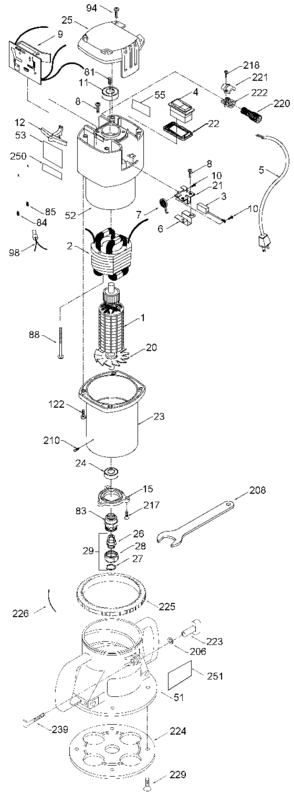Default Diagram and Parts List for DWP7518 Type 1 DeWALT Router