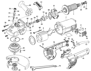 Default Diagram and Parts List for D28476WB3 Type 4 DeWALT Grinder