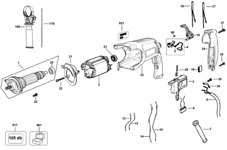 Default 2 Diagram and Parts List for D25114K-AR Type 2 DeWALT Hammer