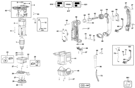 Default Diagram and Parts List for D25831K-B2 Type 1 DeWALT Hammer
