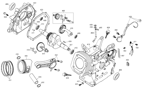 Crankcase, Piston & Governor Diagram and Parts List for DW13LAG-B3 Type 1 DeWALT Engine