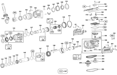 Default 2 Diagram and Parts List for D25601K-B2 Type 2 DeWALT Hammer