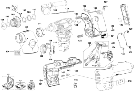 Default 2 Diagram and Parts List for DC228KL Type 1 DeWALT Hammer