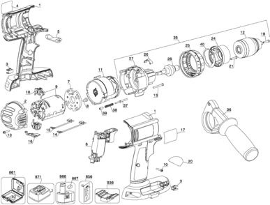 Default Diagram and Parts List for DC940KA Type 1 DeWALT Electric Drill