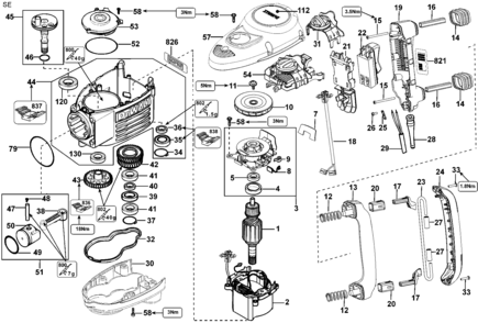 Default Diagram and Parts List for D25901K-B2 Type 1 DeWALT Hammer