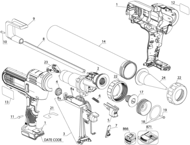Default Diagram and Parts List for DCE580D1 Type 1 DeWALT Glue Gun