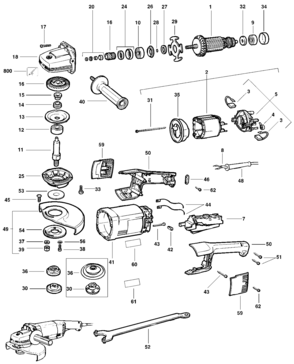 Default Diagram and Parts List for DW474-G3 Type 2 DeWALT Grinder