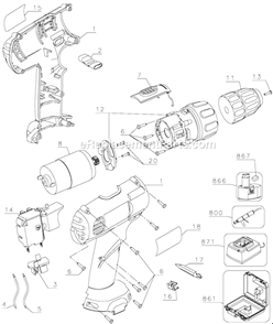 Page A Diagram and Parts List for DW907 Type 1 DeWALT Cordless Drill