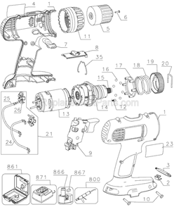 Page A Diagram and Parts List for DW959 Type 1 DeWALT Cordless Drill