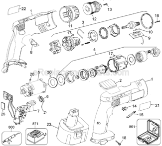 Page A Diagram and Parts List for DW961 Type 1 DeWALT Cordless Drill
