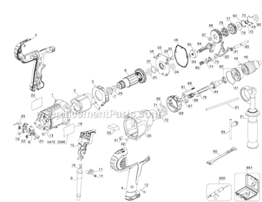 Page A Diagram and Parts List for DWD525K Type 2 DeWALT Hammer Drill