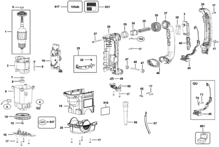Default Diagram and Parts List for D25712K-AR Type 1 DeWALT Hammer Drill