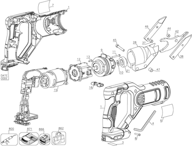 Section 1 Diagram and Parts List for DCS494BR Type 1 DeWALT Nibbler & Shears