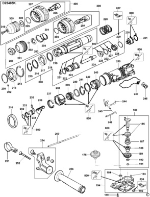 tool holder Diagram and Parts List for D25405KB3 Type 1 DeWALT Hammer