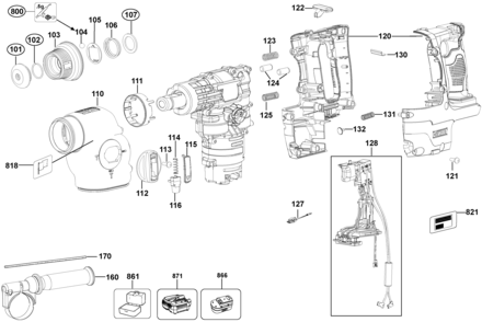 Default Diagram and Parts List for DCH213B Type 1 DeWALT Hammer