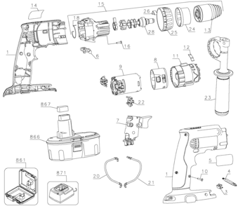 Default Diagram and Parts List for DCD959VX Type 1 DeWALT Hammer Drill