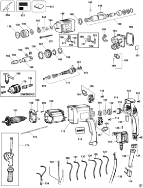 Default Diagram and Parts List for DW563K-AR Type 3 DeWALT Hammer