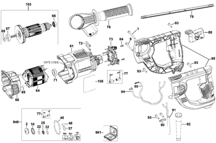 Default 2 Diagram and Parts List for D25260K-B2 Type 1 DeWALT Hammer