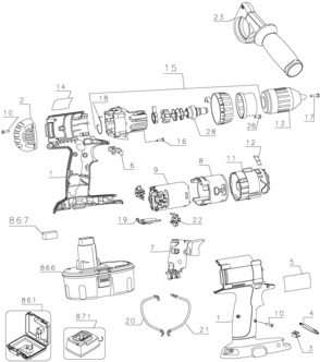 Default Diagram and Parts List for DW988K-2H Type 1 DeWALT Hammer Drill