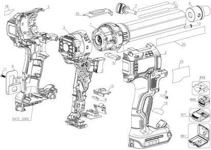 Default Diagram and Parts List for DCE151B Type 1 DeWALT 
