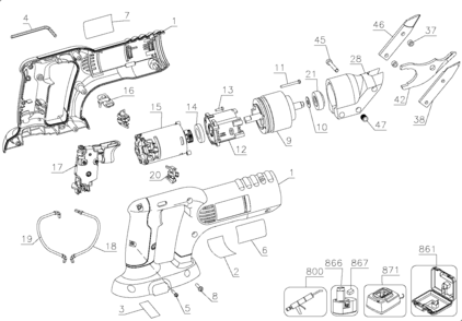 Default Diagram and Parts List for DC490KA Type 1 DeWALT Nibbler & Shears
