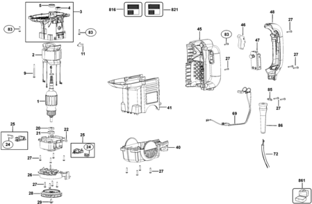 Default Diagram and Parts List for D25820K-B3 Type 1 DeWALT Hammer Drill