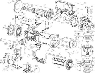 Default Diagram and Parts List for DWE4222 Type 1 DeWALT Grinder