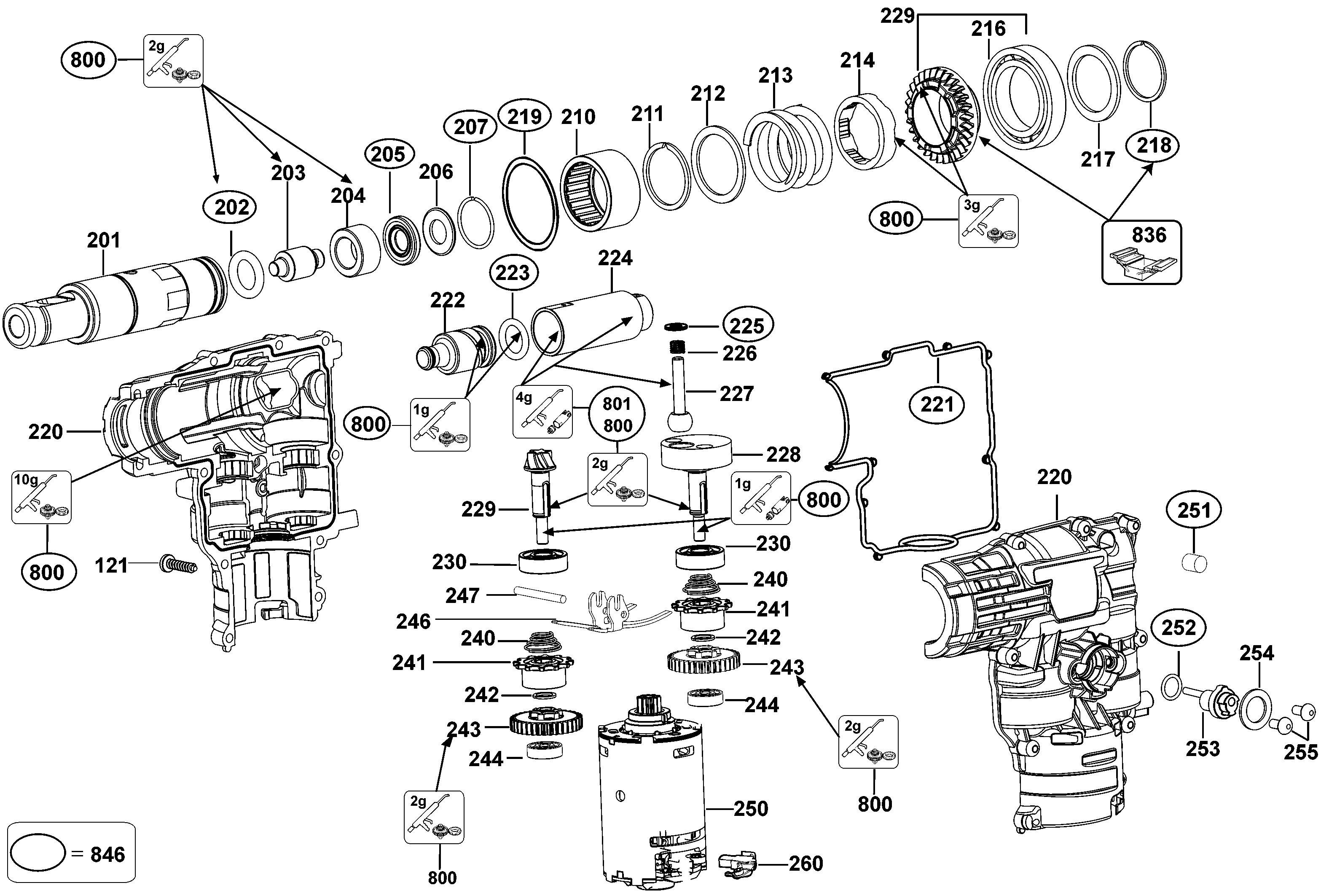 MOTOR Diagram and Parts List for DCH213B Type 1 DeWALT Hammer
