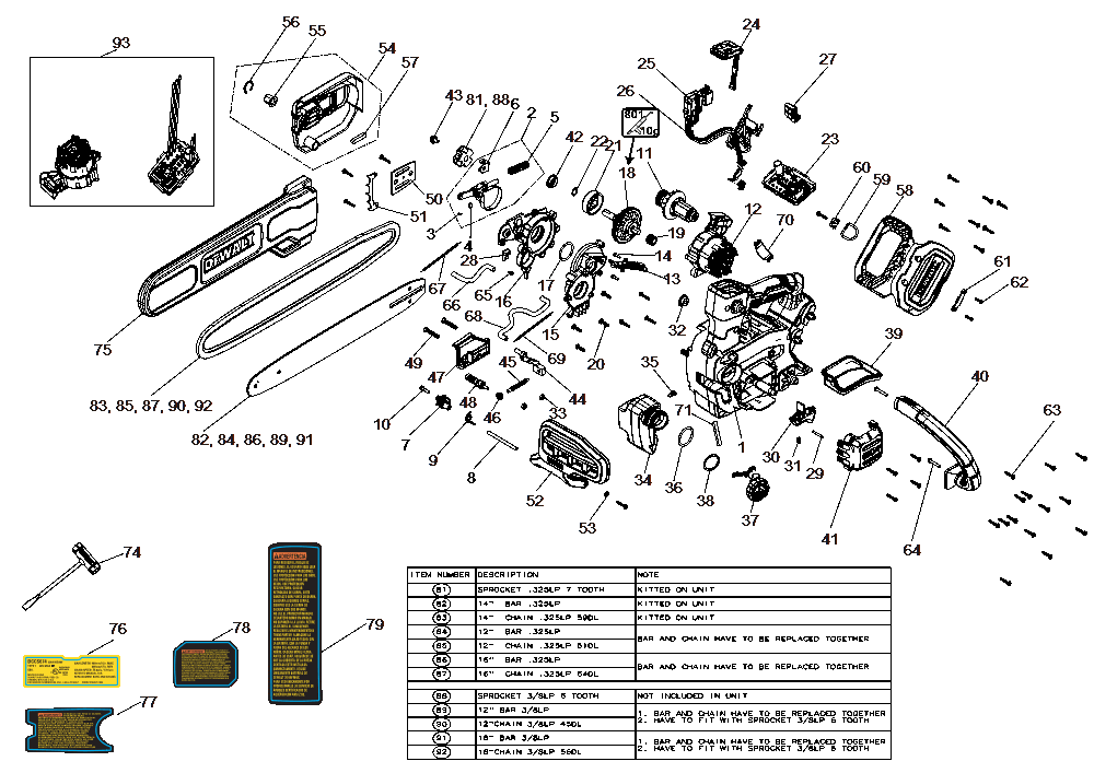 Diagram Diagram and Parts List for DCCS674B Type 1 DeWALT Chainsaw
