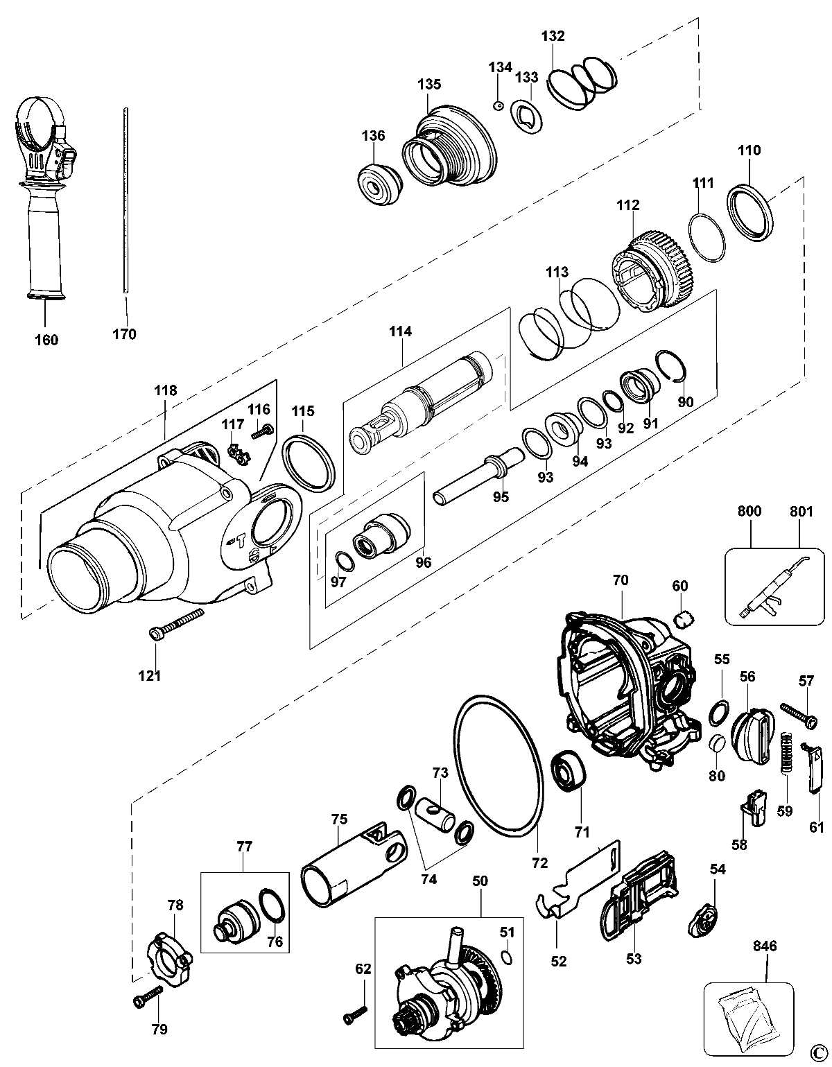 Default 2 Diagram and Parts List for D25303KB2 Type 1 DeWALT Hammer