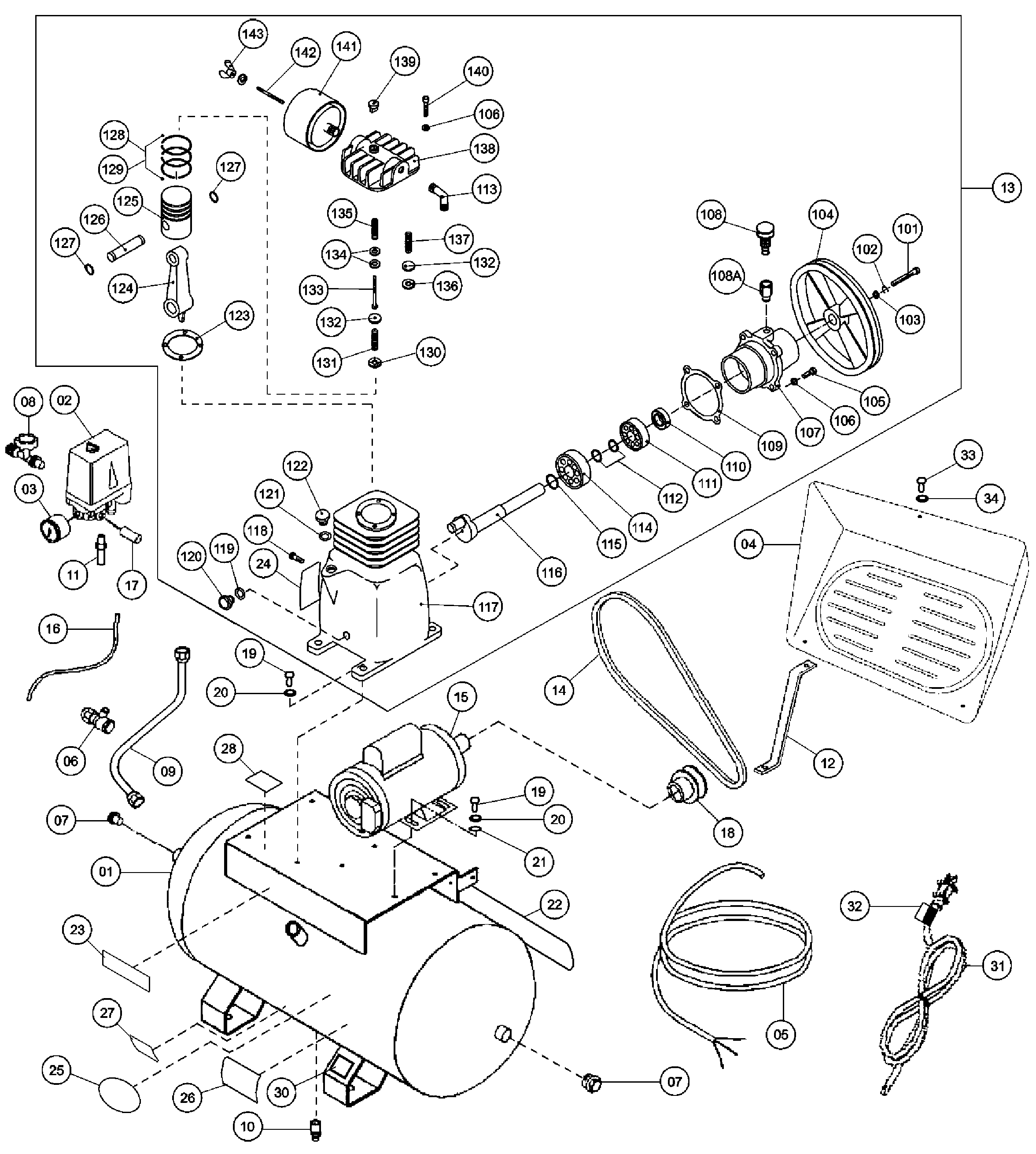 Default Diagram and Parts List for D55905FB2 Type 1 DeWALT Compressor
