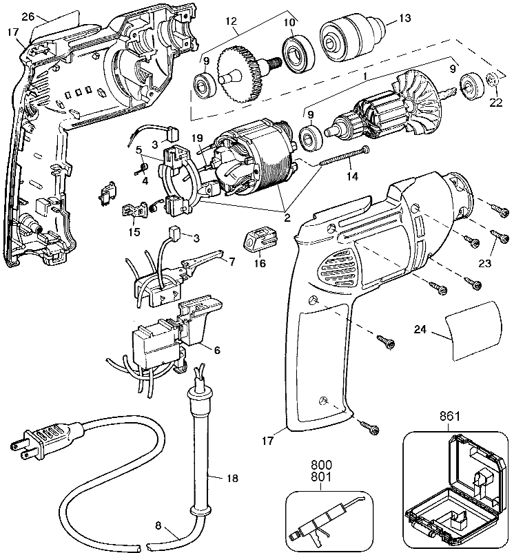 Default Diagram and Parts List for DW106K Type 2 DeWALT Boring Machine