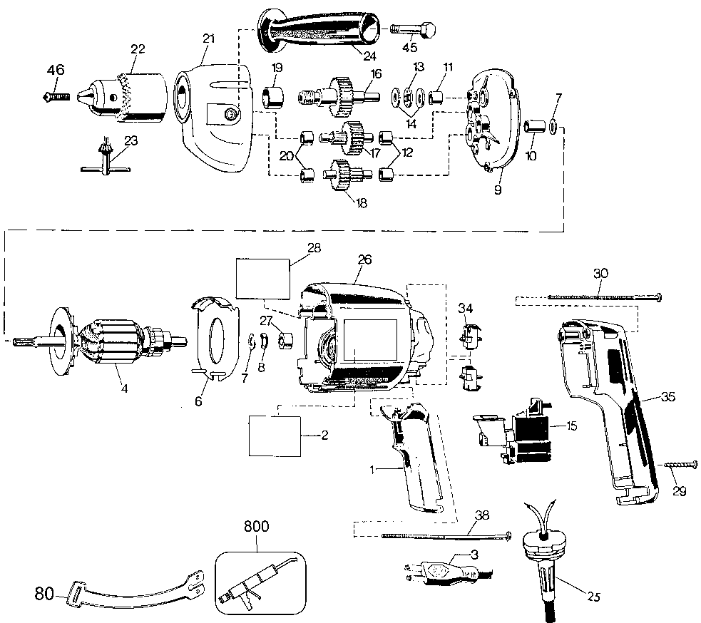 Default Diagram and Parts List for B7254 Type 3 DeWALT Boring Machine