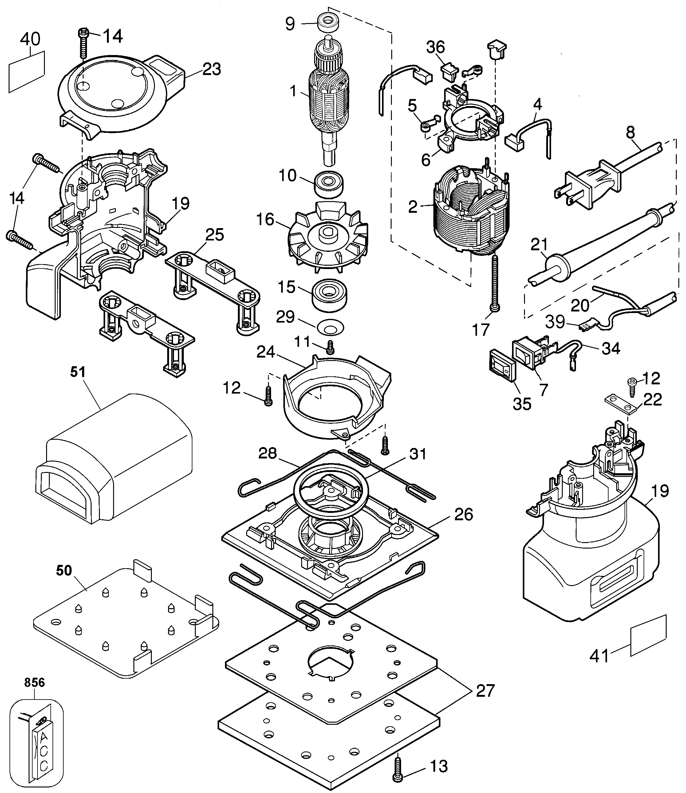 Default Diagram and Parts List for DW411-BR Type 1 DeWALT Sander Polisher