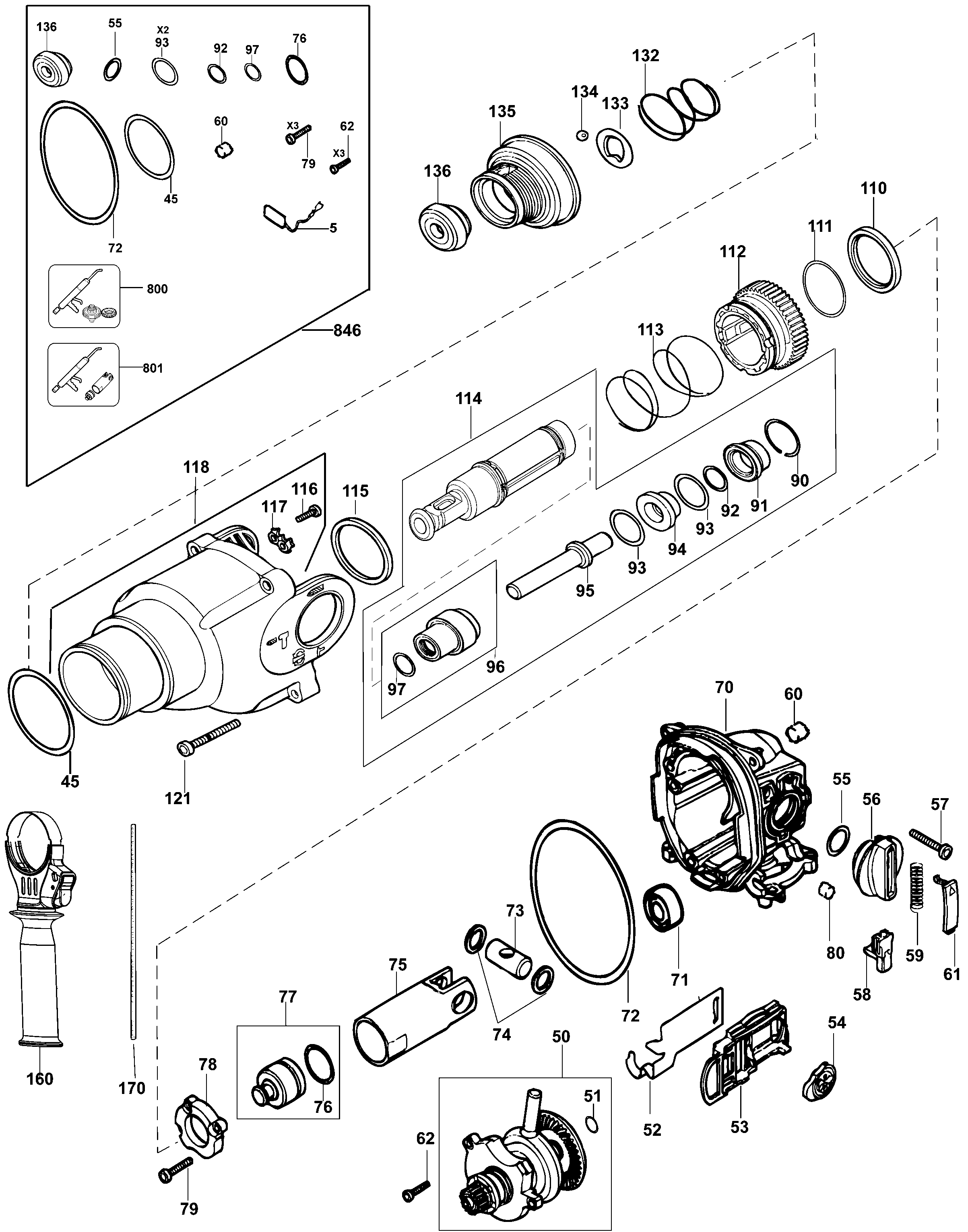 Default 2 Diagram and Parts List for D25303KB2 Type 3 DeWALT Hammer